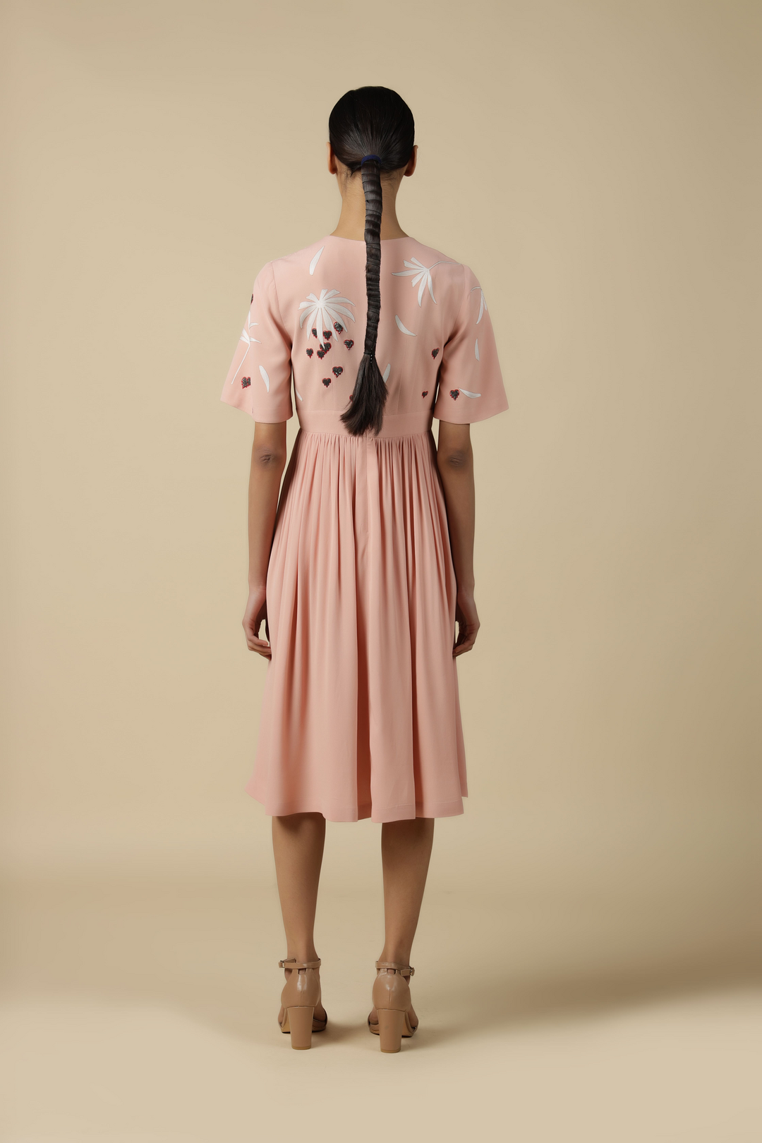 Leaf And Fruit Flared Sleeve Gathered Dress