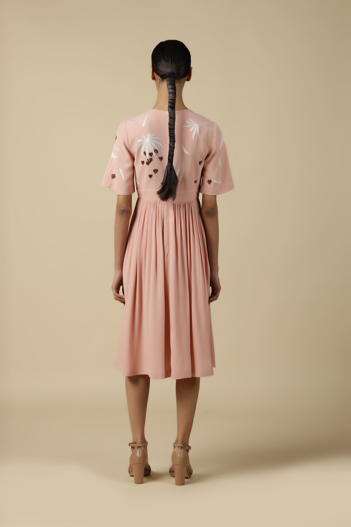 Leaf And Fruit Flared Sleeve Gathered Dress