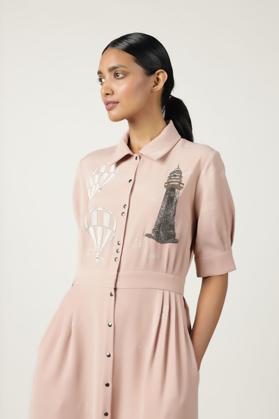 Lighthouse, Airballoons And Clouds Side Pleated Shirt Dress