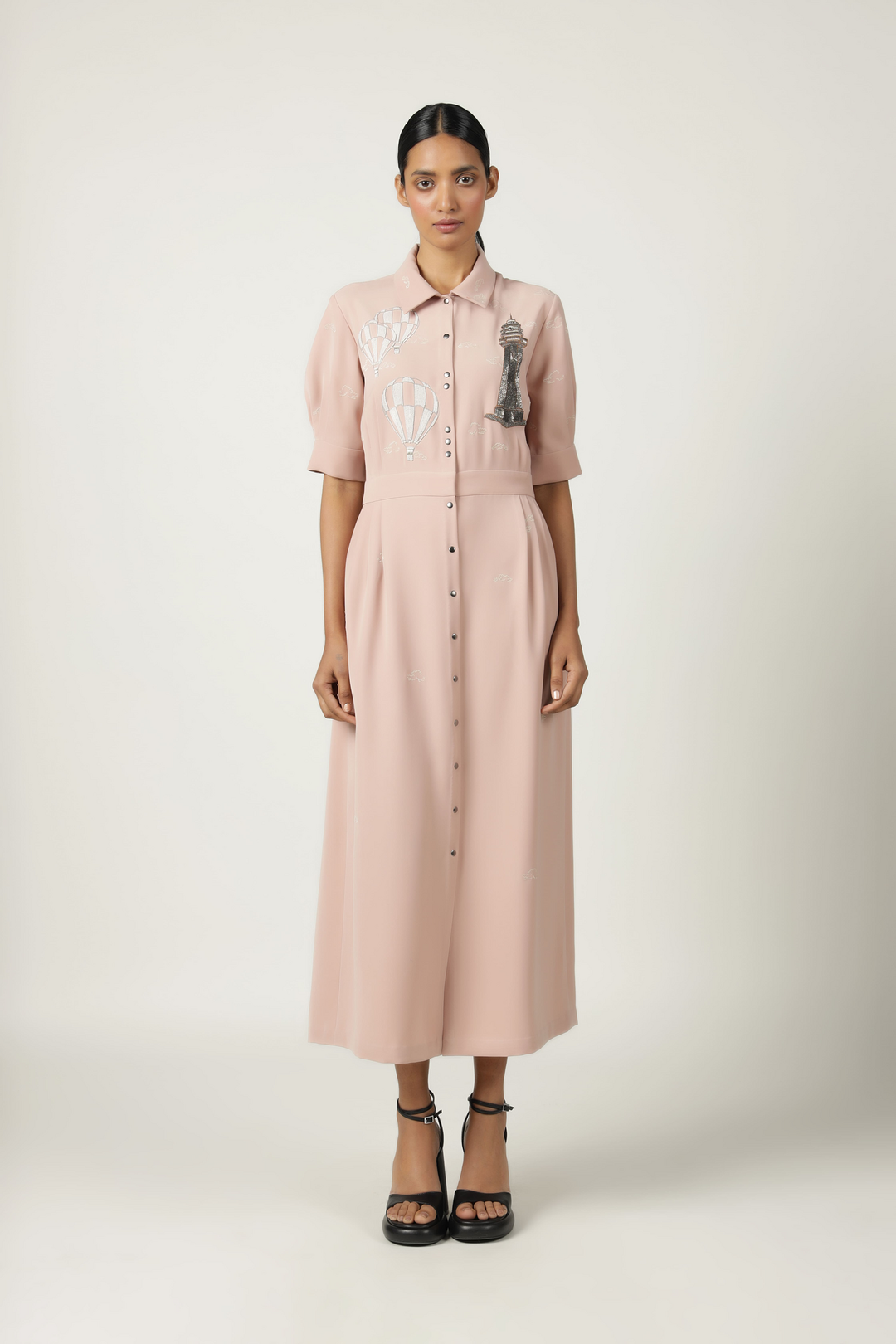 Lighthouse, Airballoons And Clouds Side Pleated Shirt Dress