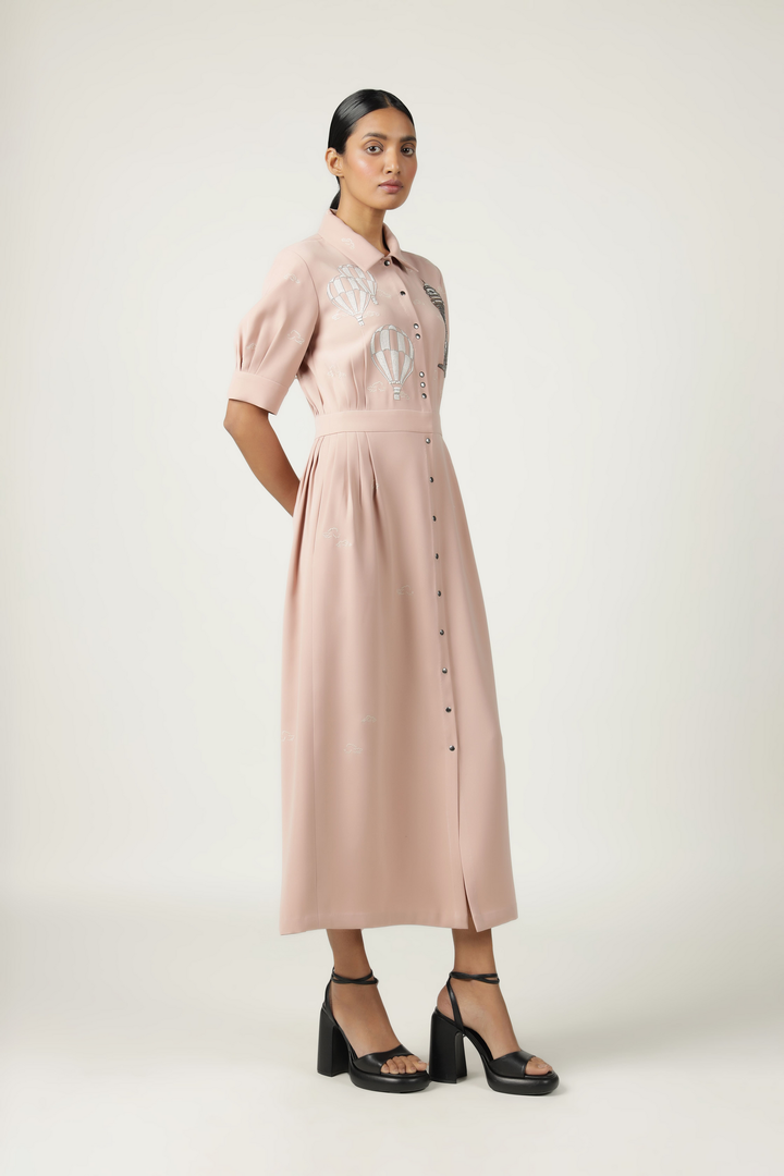 Lighthouse, Airballoons And Clouds Side Pleated Shirt Dress