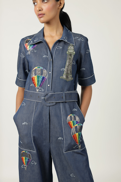 Colourful Air Balloons Jumpsuit With Buckle Belt