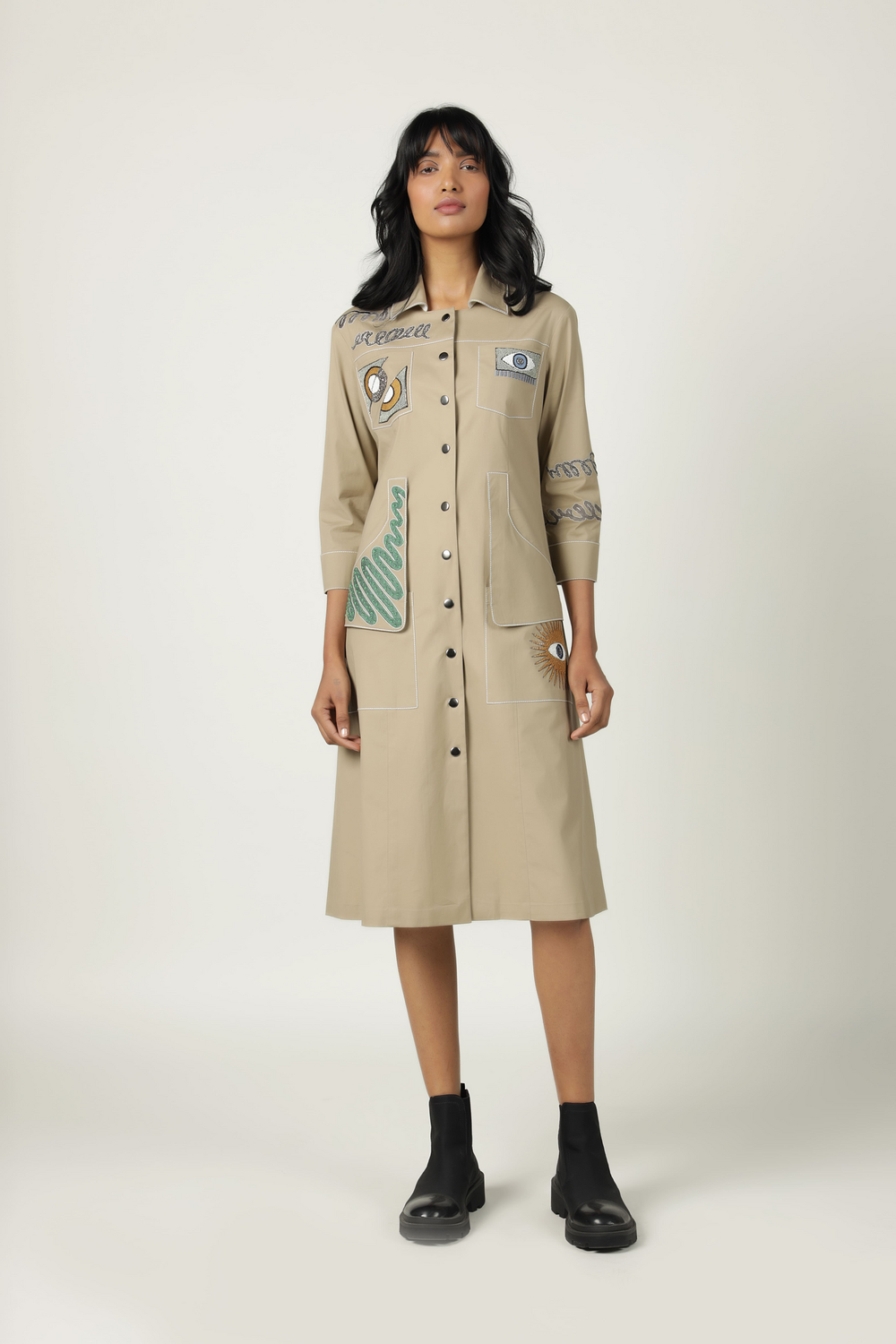 Abstract Shapes Pocket Embroidered Long Dress