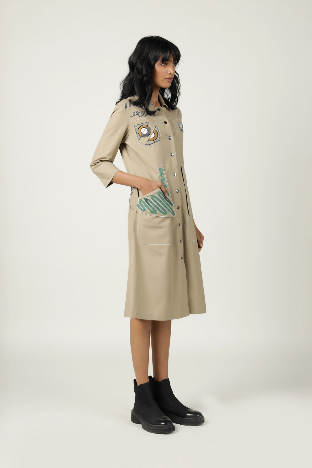Abstract Shapes Pocket Embroidered Long Dress