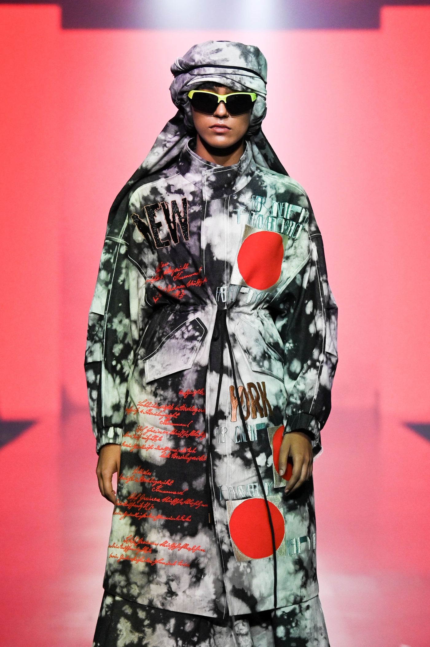Scribble Parka With Circular Skirt And Head Scarf