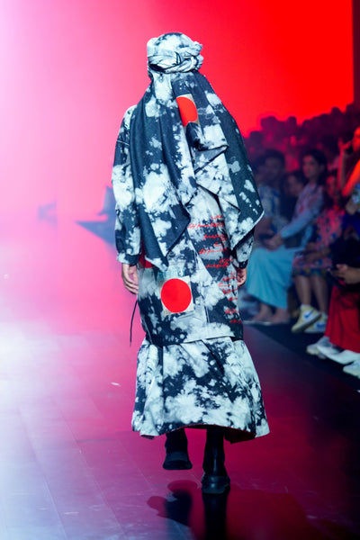 Scribble Parka With Circular Skirt And Head Scarf