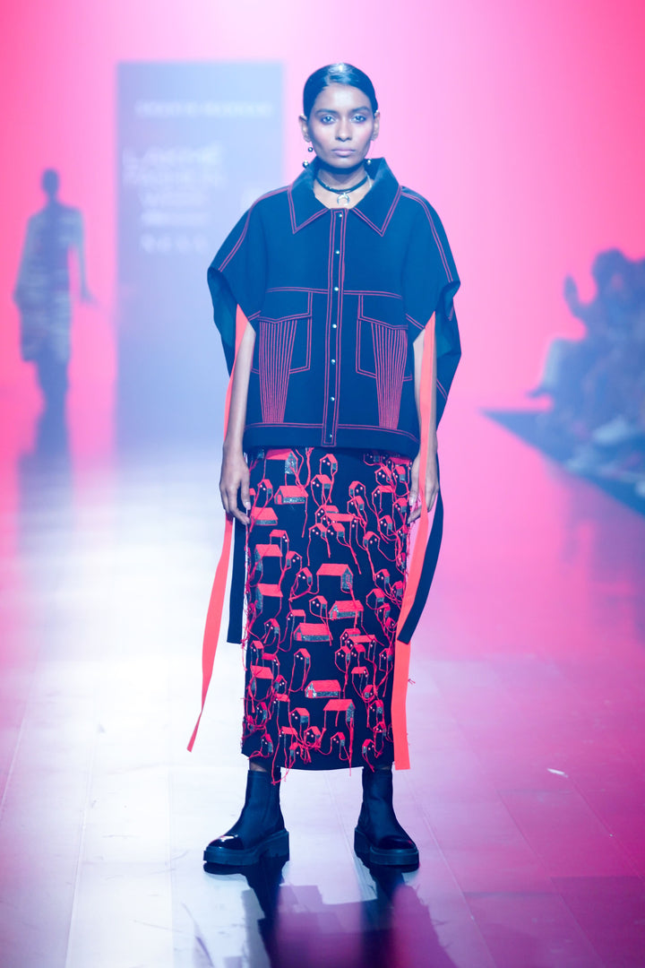 Oversized Shirt Jacket With Tiny Houses Pencil Skirt