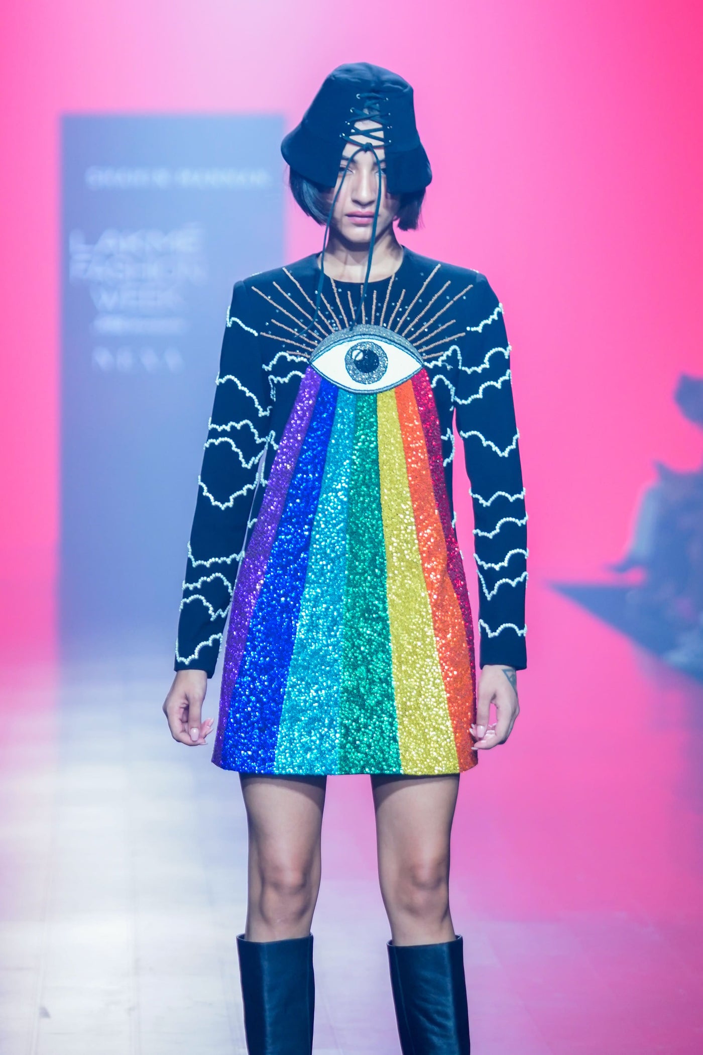 Clouds And Eye Rainbow Mini Dress With Hat