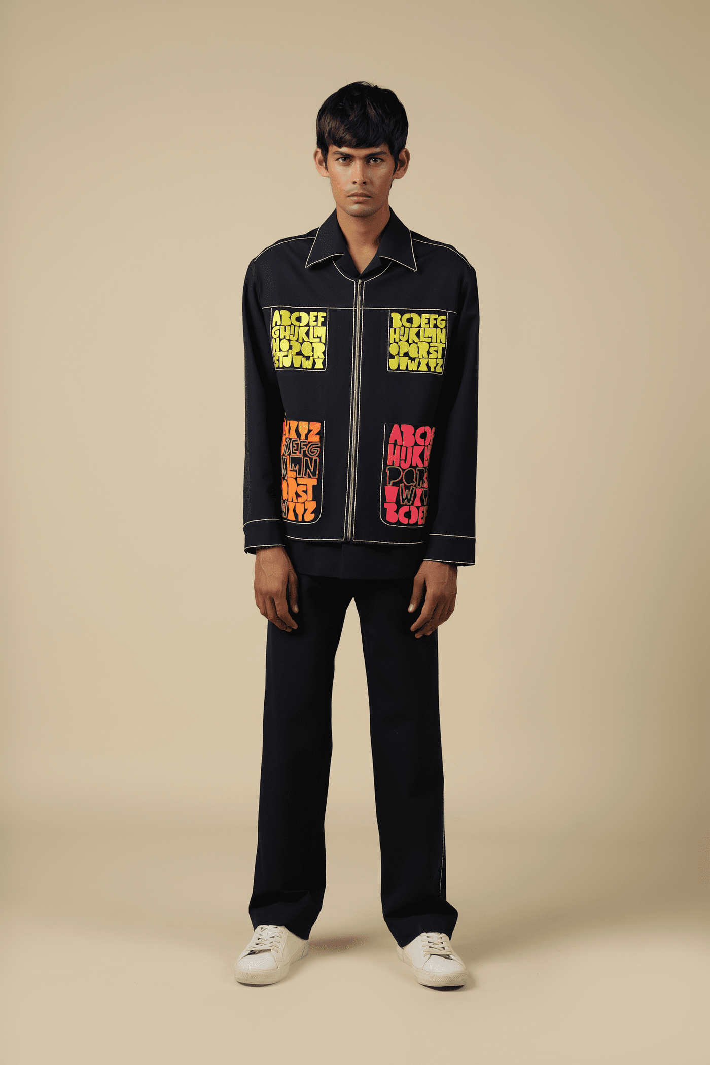 Pocket Embroidered Jacket With Straight Pants