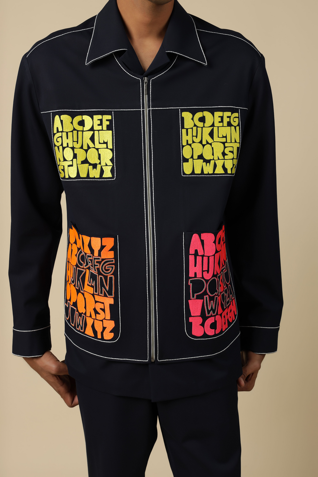 Pocket Embroidered Jacket With Straight Pants