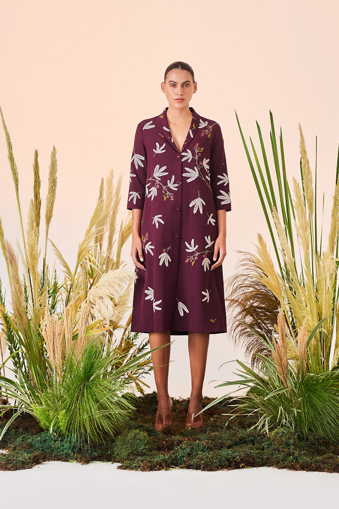 Tiny Branches Shawl Collar Long Dress
