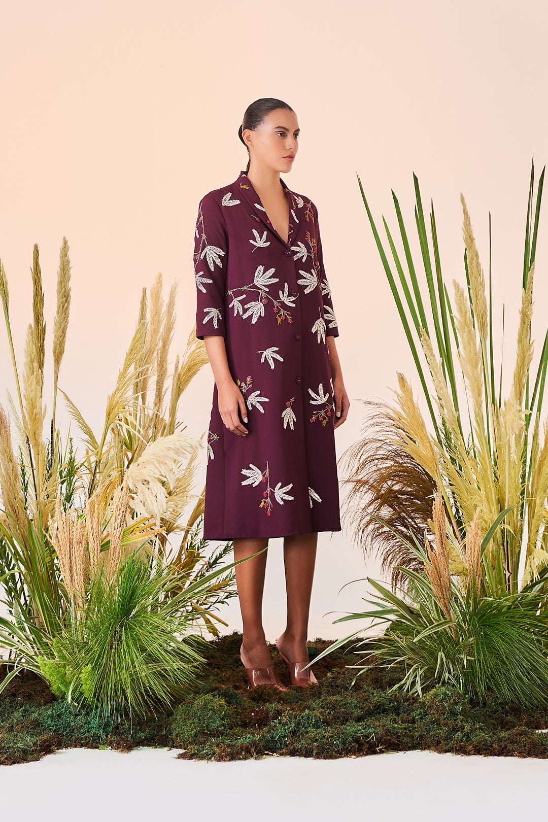 Tiny Branches Shawl Collar Long Dress