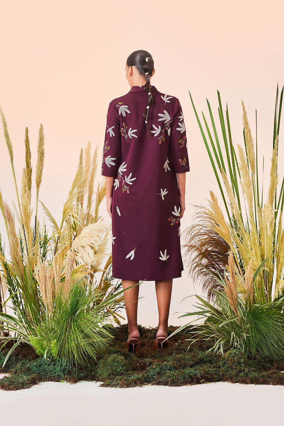 Tiny Branches Shawl Collar Long Dress