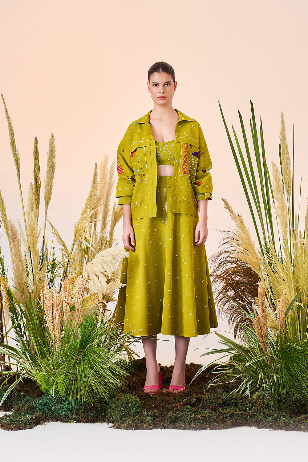 Abstract Shapes And Ostrich Jacket With Circular Skirt And Corset