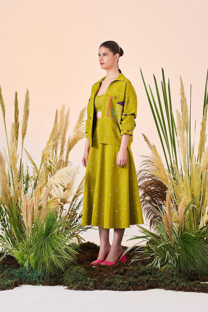 Abstract Shapes And Ostrich Jacket With Circular Skirt And Corset