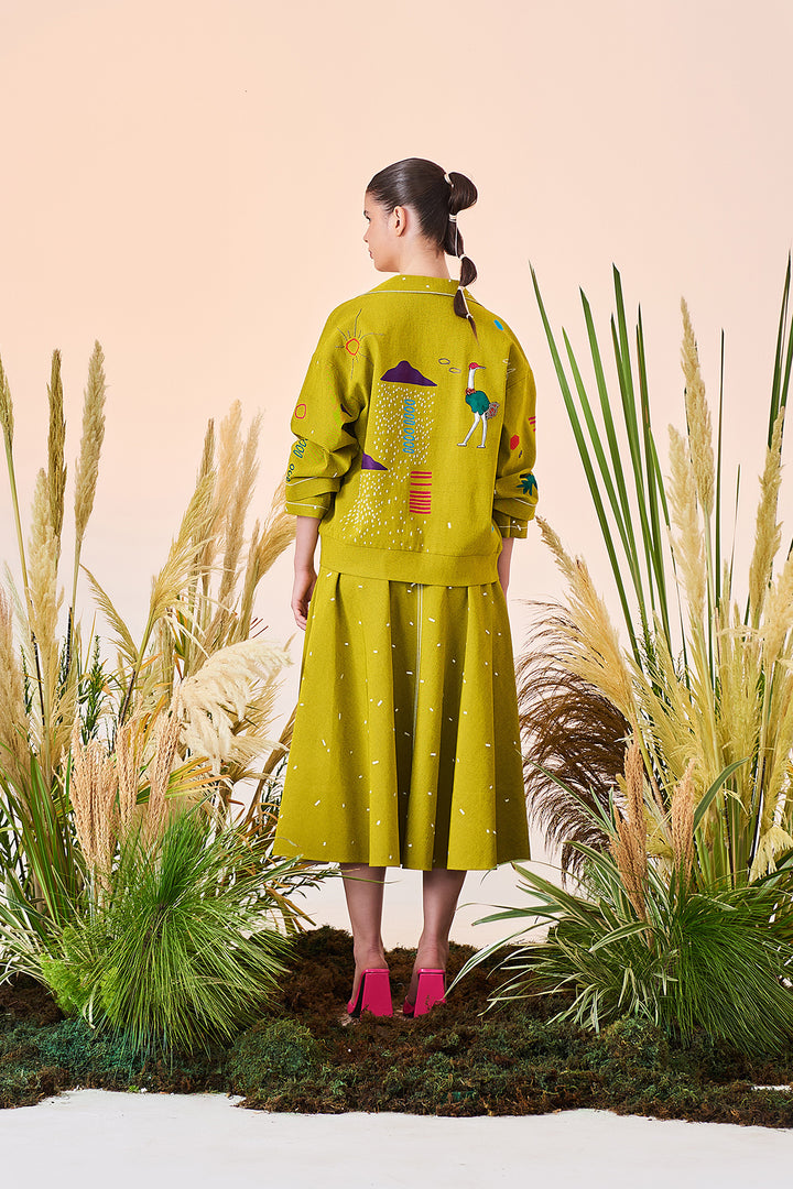 Abstract Shapes And Ostrich Jacket With Circular Skirt And Corset