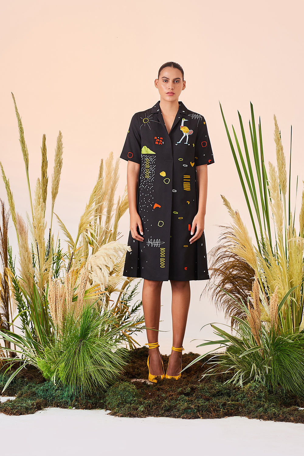 Abstract Shapes And Ostrich Panelled Waist Dress