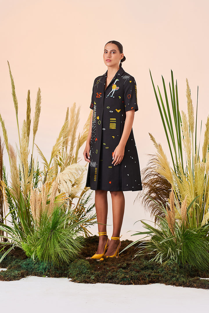 Abstract Shapes And Ostrich Panelled Waist Dress