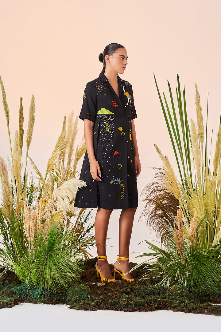 Abstract Shapes And Ostrich Panelled Waist Dress