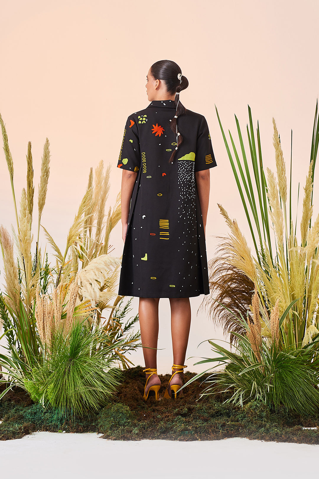 Abstract Shapes And Ostrich Panelled Waist Dress