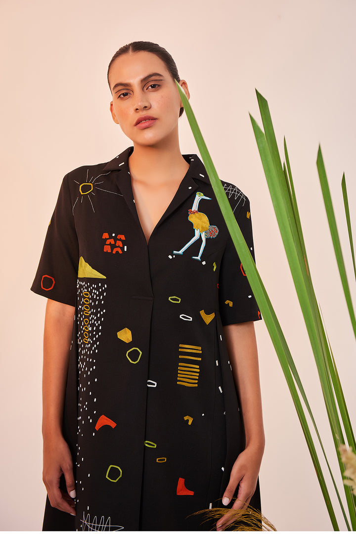 Abstract Shapes And Ostrich Panelled Waist Dress
