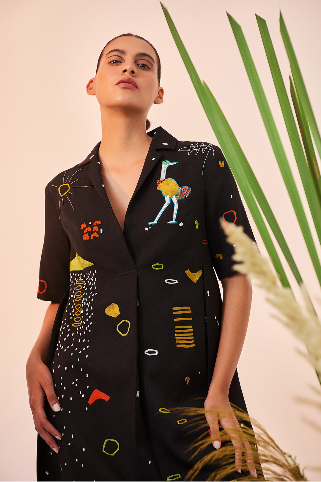 Abstract Shapes And Ostrich Panelled Waist Dress