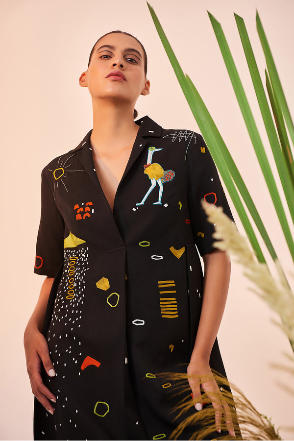 Abstract Shapes And Ostrich Panelled Waist Dress