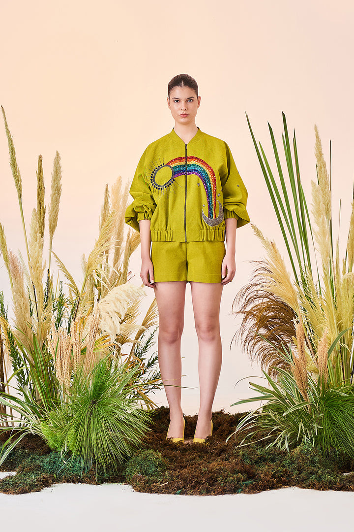 Sun, Moon, Star, Rainbow Balloon Sleeves Bomber Jacket And Shorts