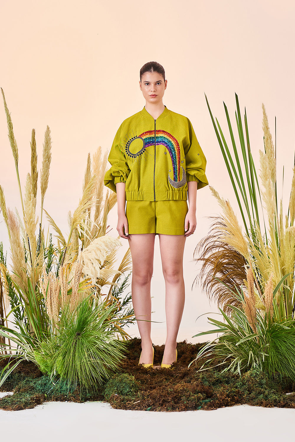 Sun, Moon, Star, Rainbow Balloon Sleeves Bomber Jacket