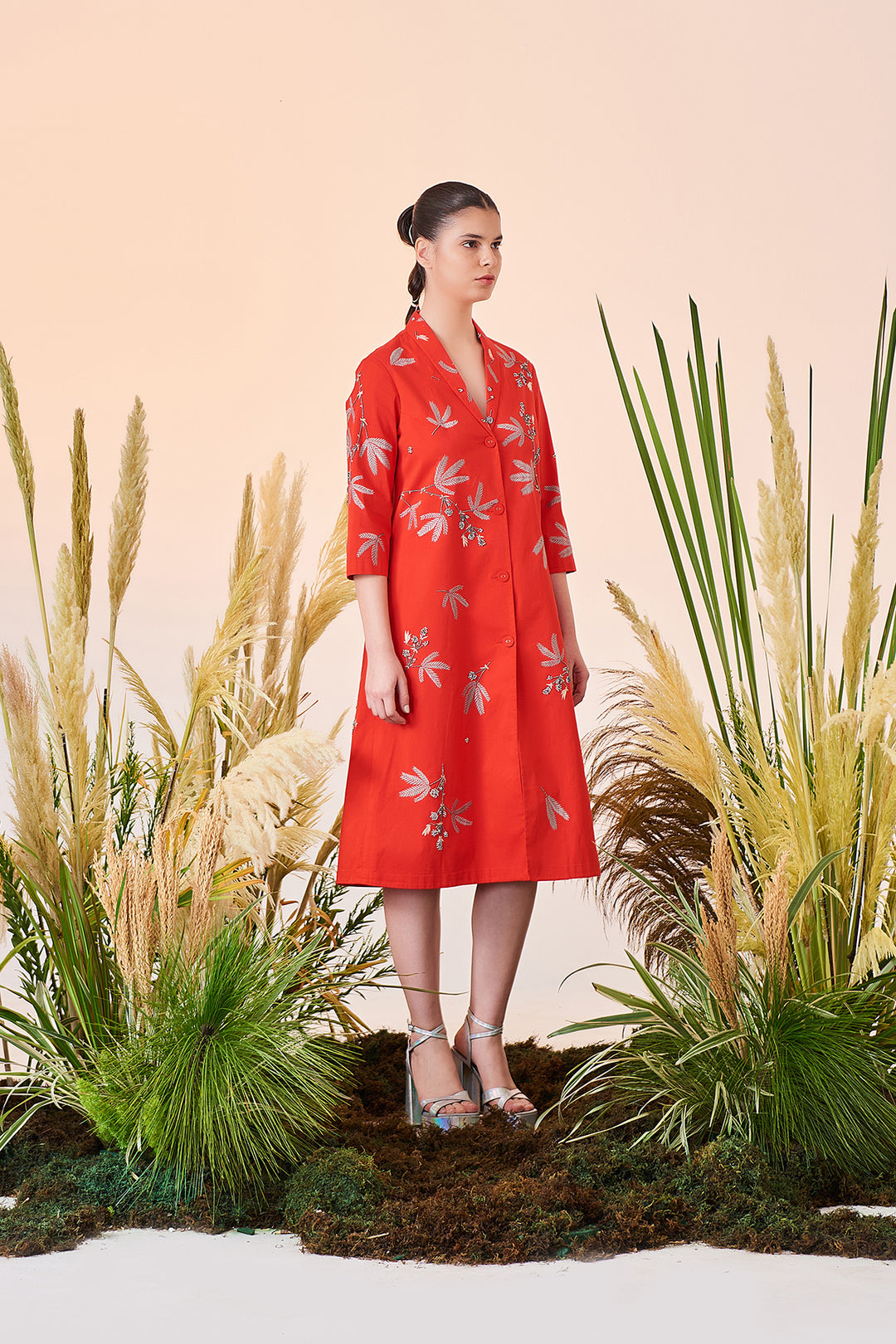 Tiny Branches Shawl Collar Long Dress