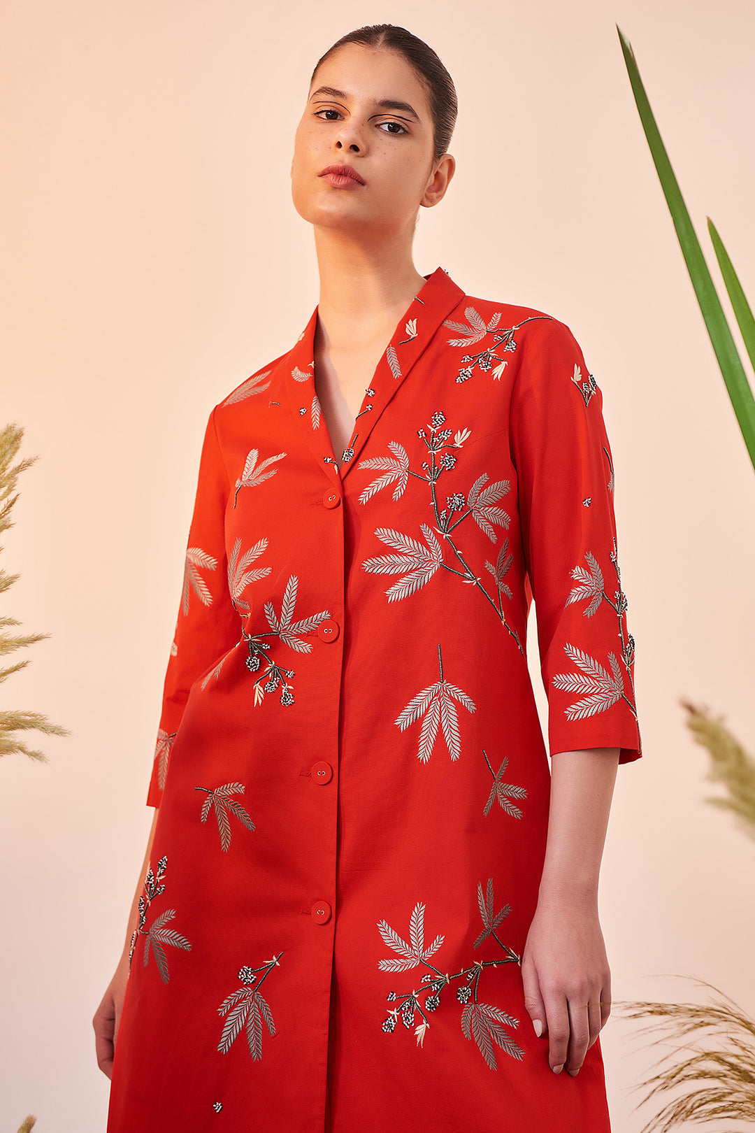 Tiny Branches Shawl Collar Long Dress