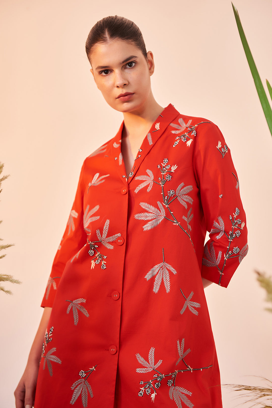 Tiny Branches Shawl Collar Long Dress