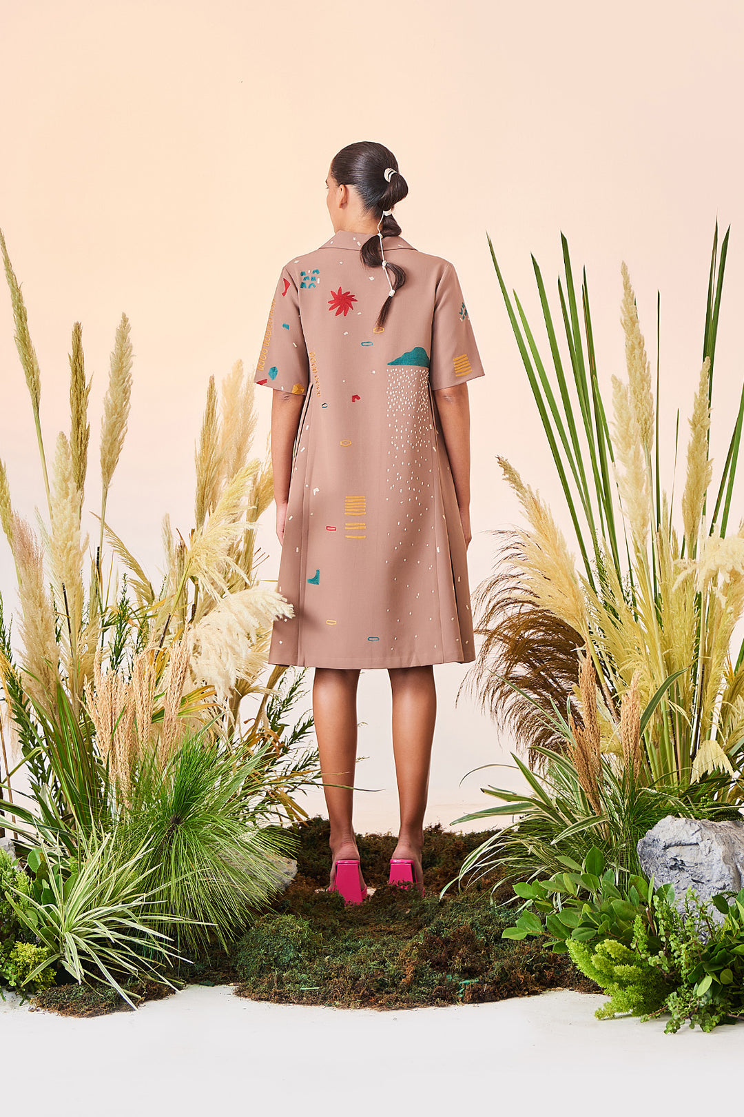 Abstract Shapes And Ostrich Panelled Waist Dress