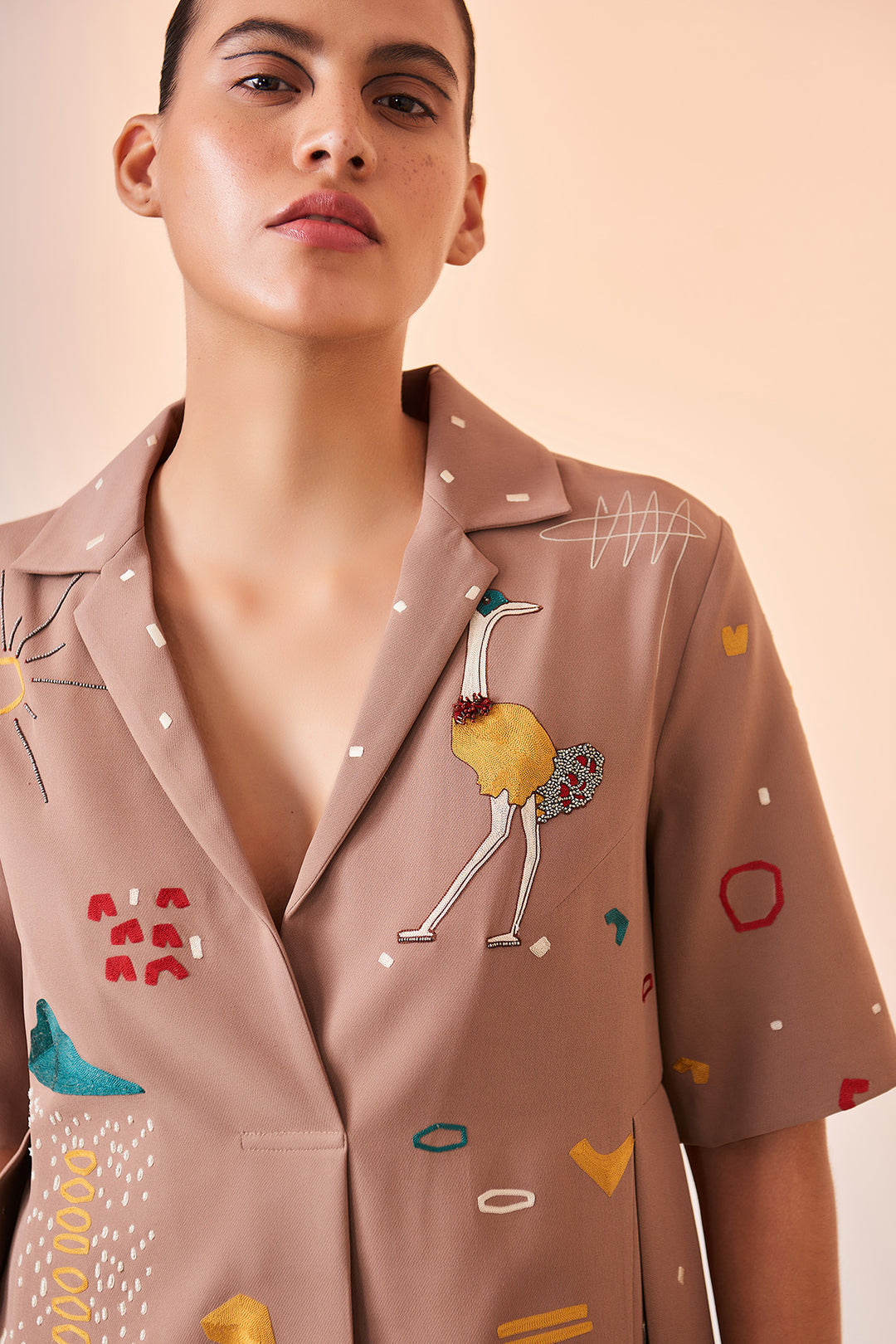 Abstract Shapes And Ostrich Panelled Waist Dress