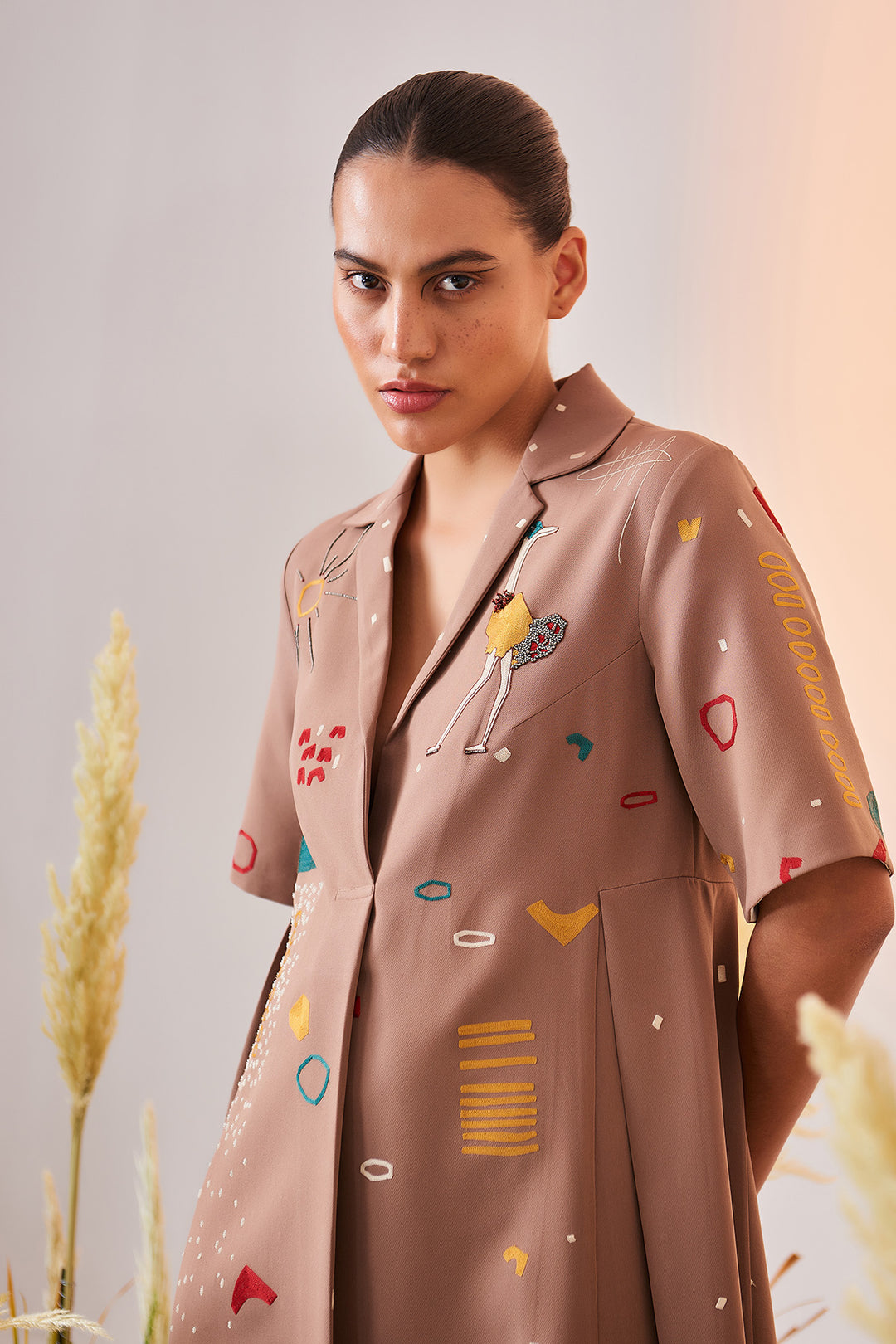 Abstract Shapes And Ostrich Panelled Waist Dress
