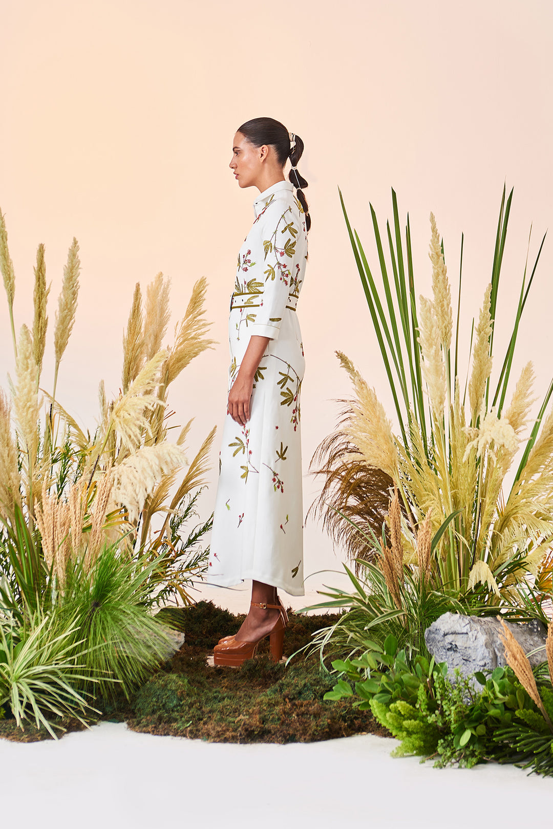 Tiny Branches Long Shirt Dress With Buckle Belt