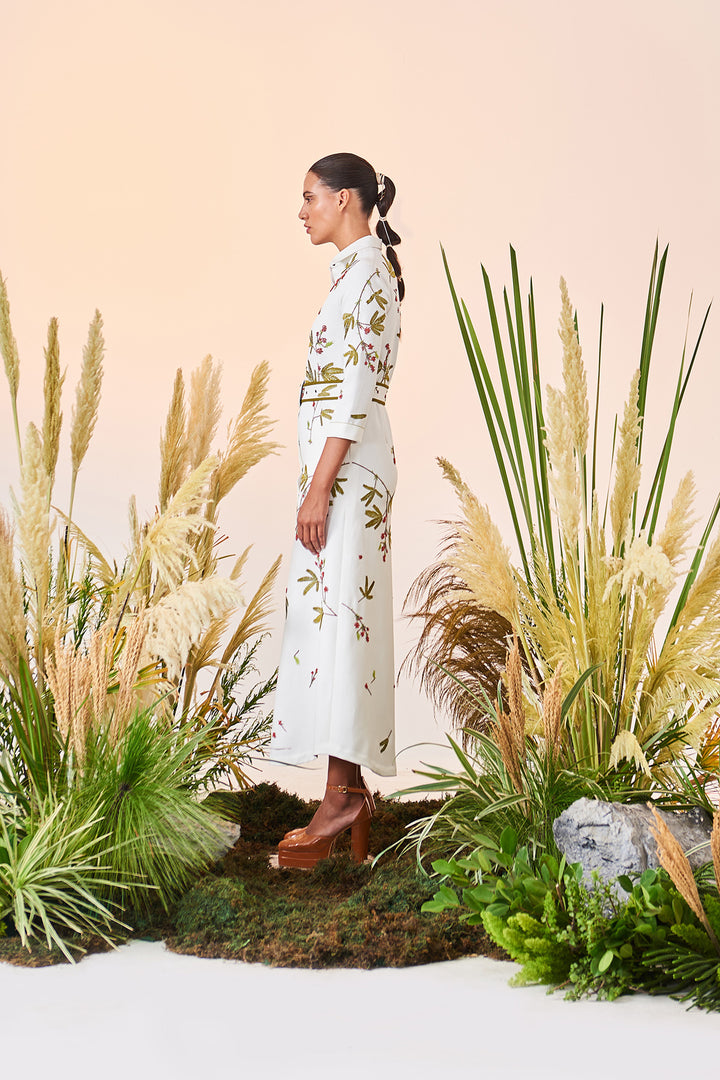 Tiny Branches Long Shirt Dress With Buckle Belt