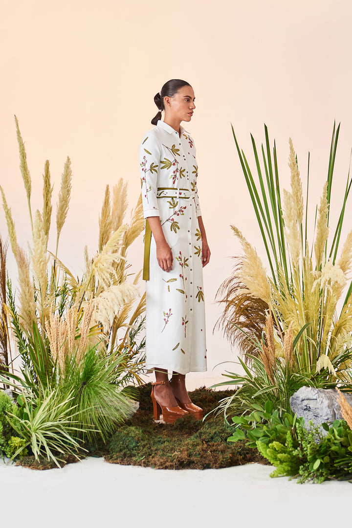 Tiny Branches Long Shirt Dress With Buckle Belt