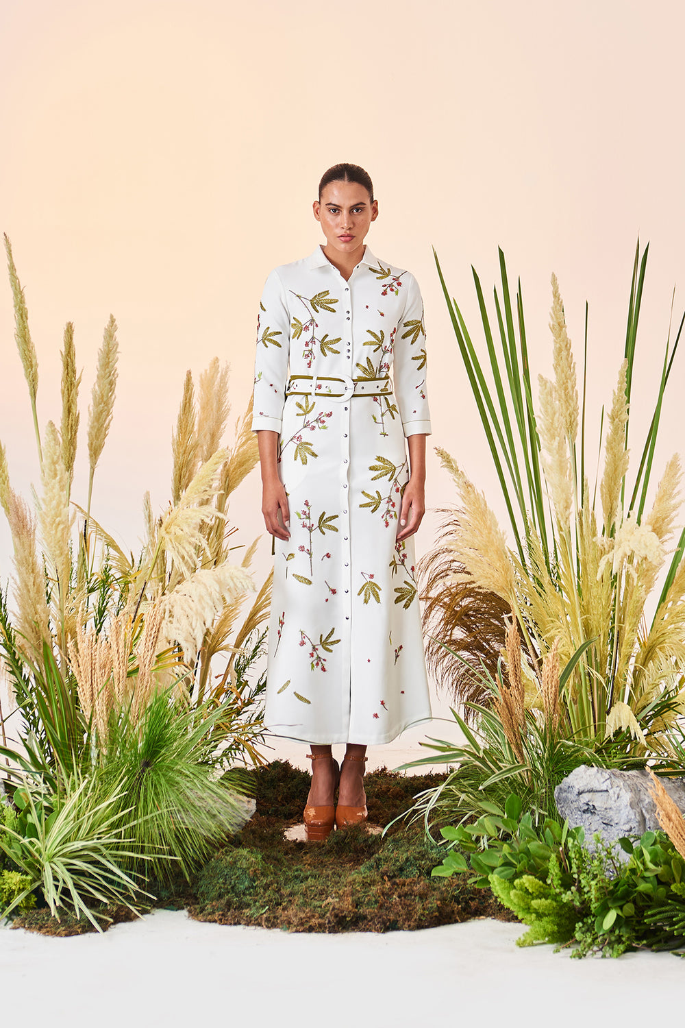 Tiny Branches Long Shirt Dress With Buckle Belt