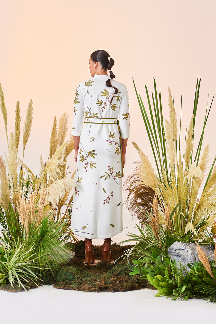 Tiny Branches Long Shirt Dress With Buckle Belt