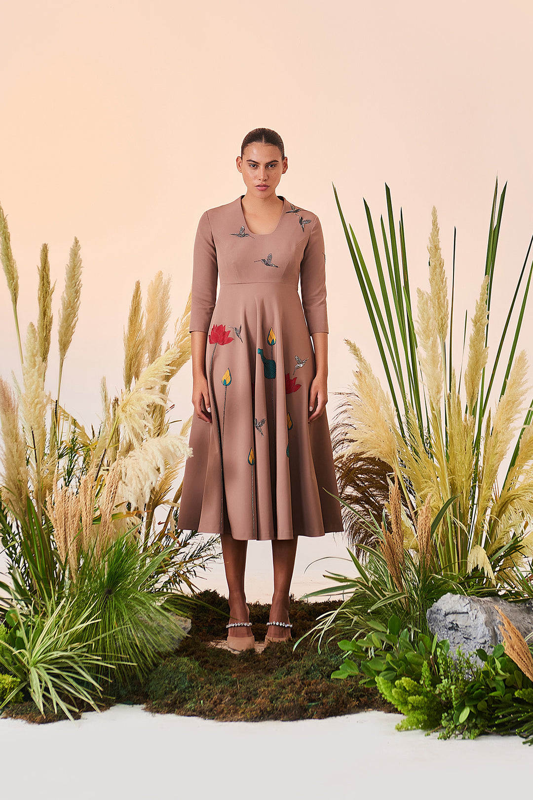 Lotus And Humming Bird Circular Midi Dress