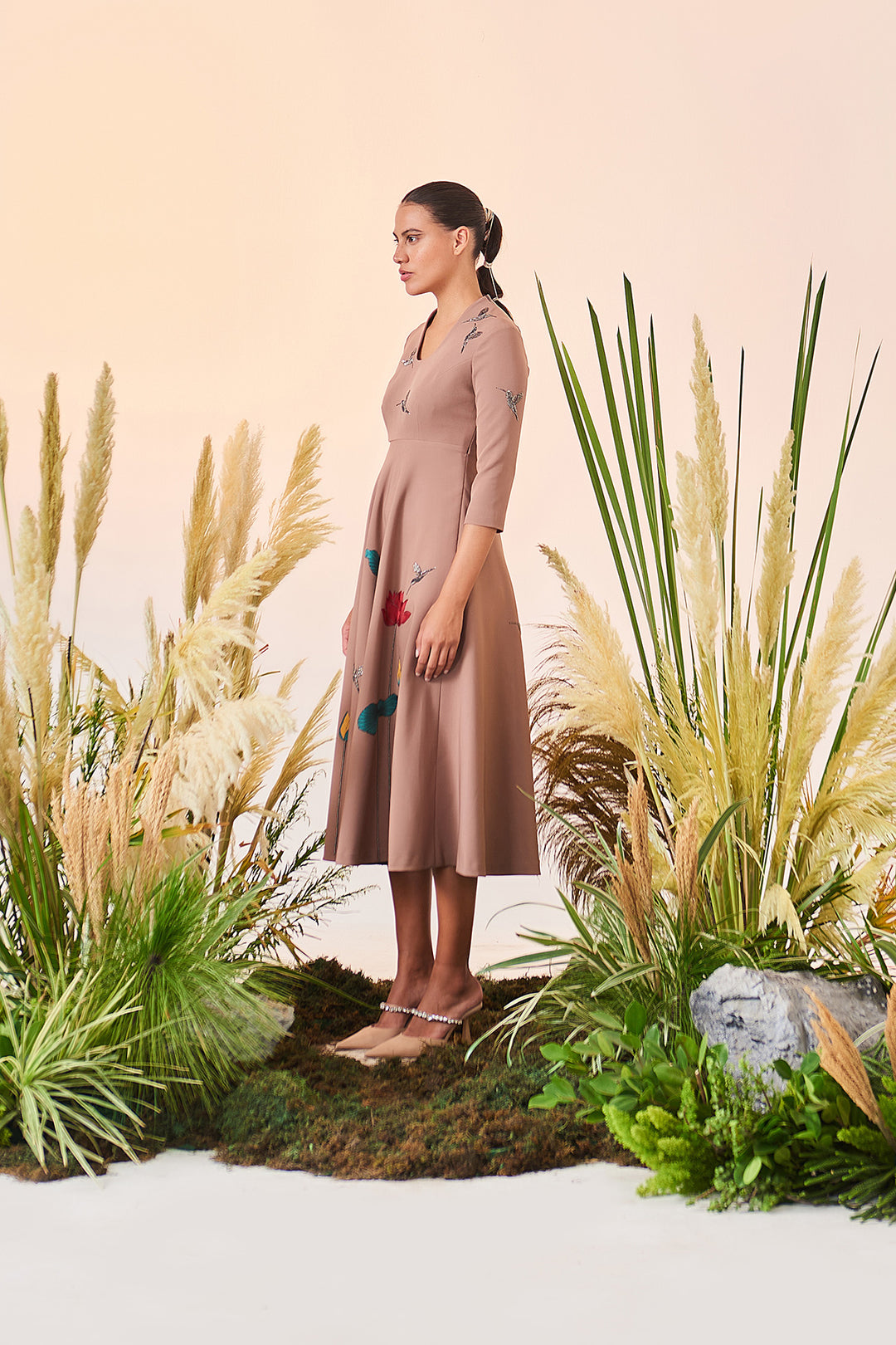 Lotus And Humming Bird Circular Midi Dress