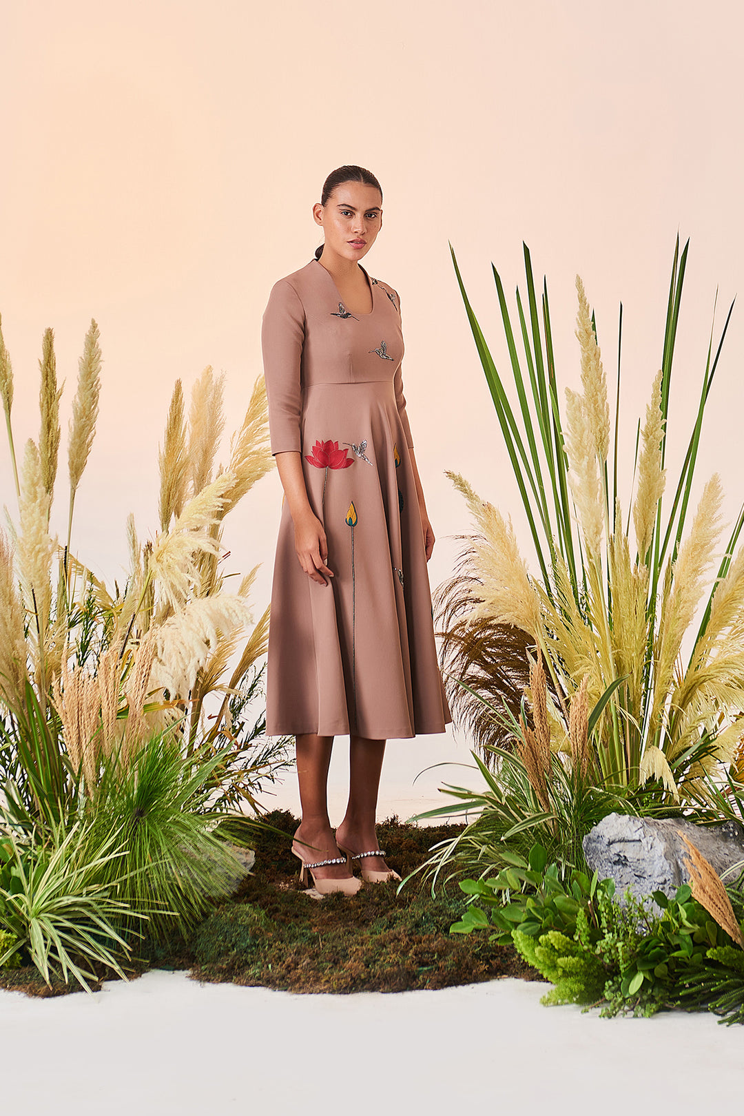 Lotus And Humming Bird Circular Midi Dress