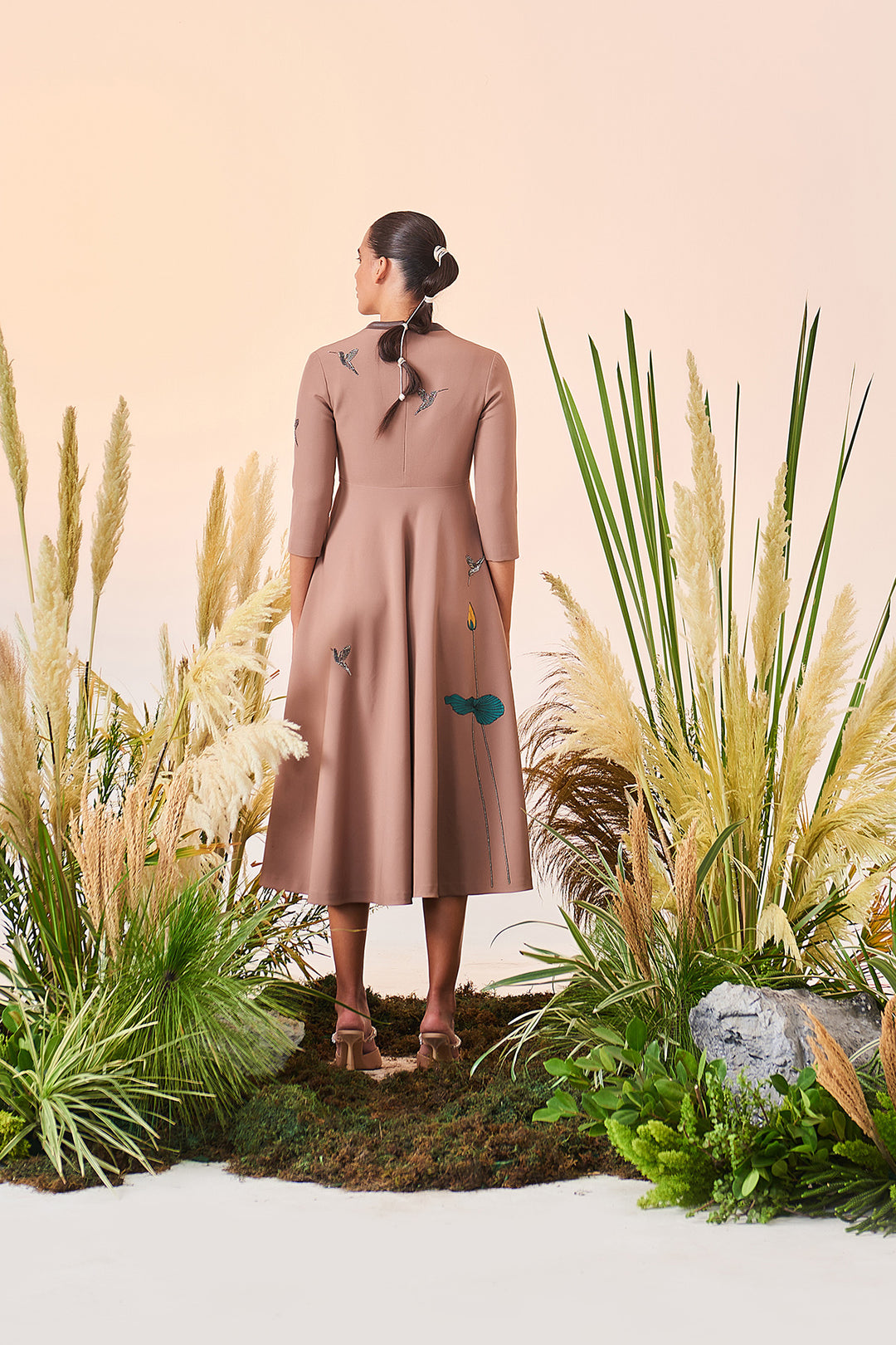 Lotus And Humming Bird Circular Midi Dress