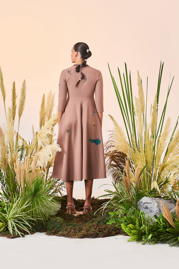 Lotus And Humming Bird Circular Midi Dress