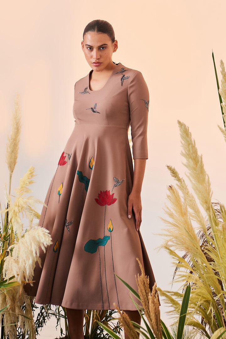 Lotus And Humming Bird Circular Midi Dress