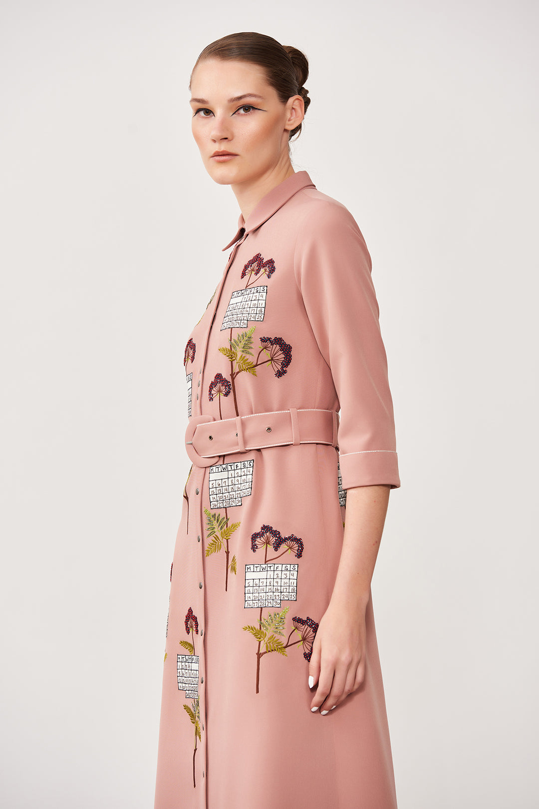 Calender Long Shirt Dress With Buckle Belt