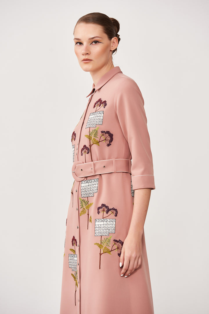 Calender Long Shirt Dress With Buckle Belt